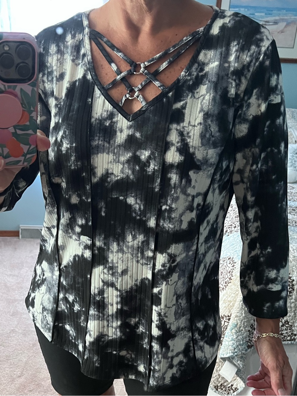 Sami & Jo Black & White Tie-Dye Crisscross V-Neck Top size Petite XL